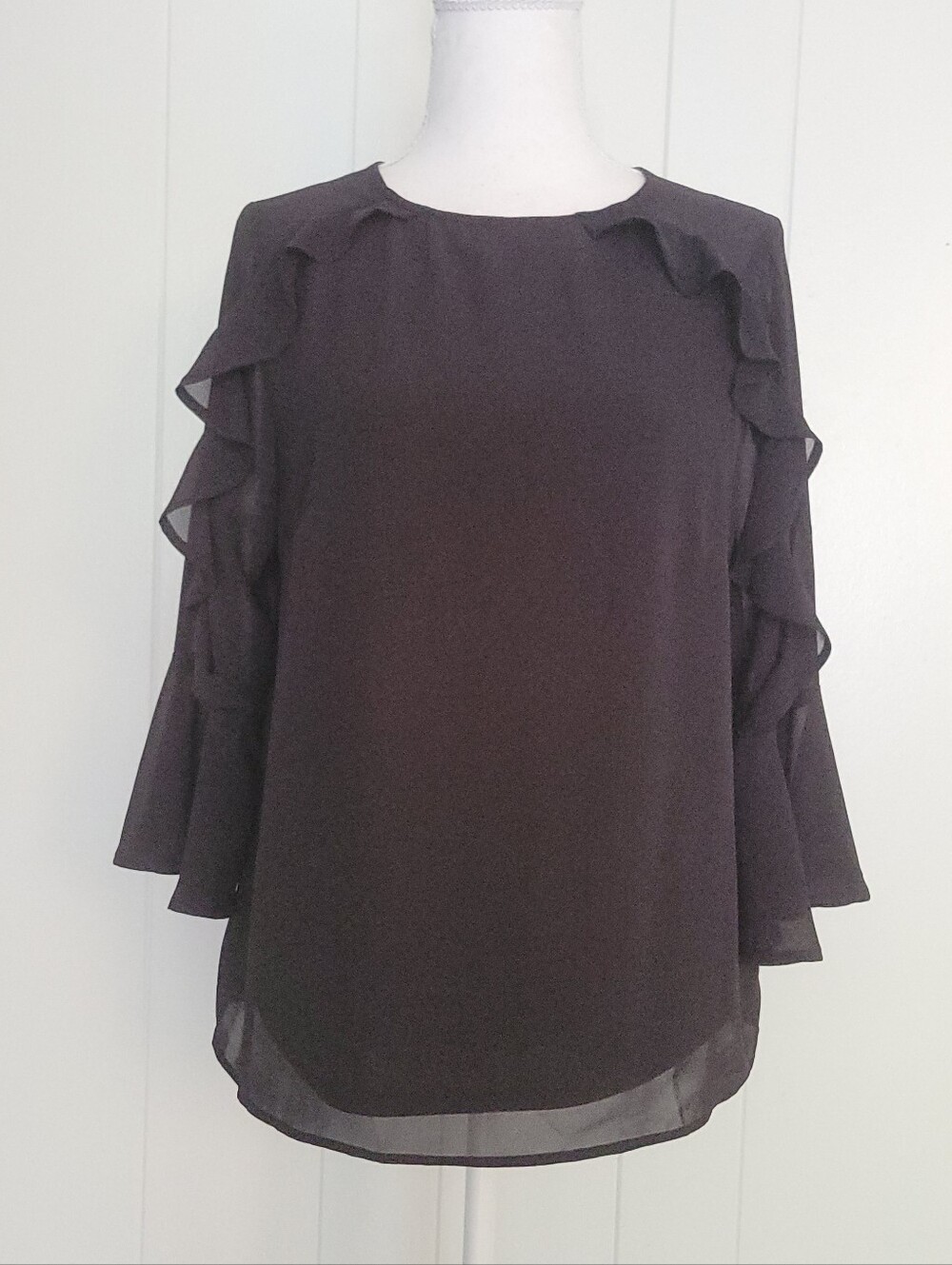 NWT Monteau Black Blouse Chiffon Ruffle Trim Top Bell Sleeve Classic Lined LG